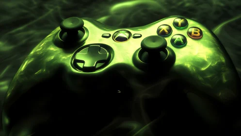 Glowing green game controller rests in swirling neon haze.