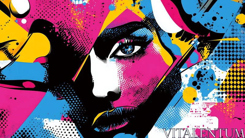 Neon splashes orbit a half-hidden face in comic fever