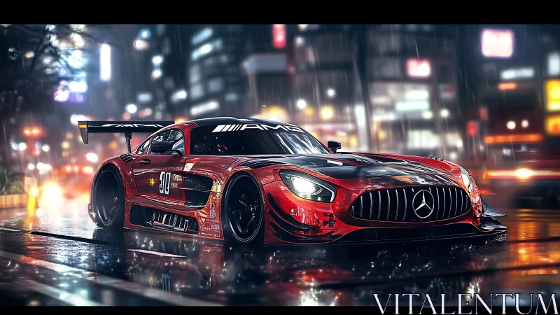 Mercedes GT3 race car in neon-lit rainy city street scene.