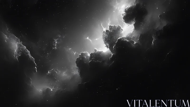 Monochrome cosmic nebula clouds cluster around bright core