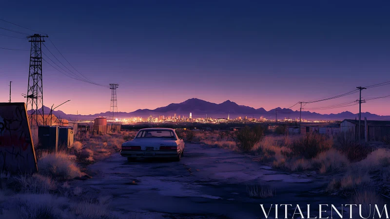 Twilight desert roadway with retro car facing distant city grid.