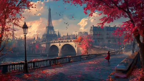 Autumn Paris cityscape with Eiffel Tower and riverside path.