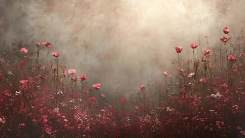 Whispered Dreams in the Mist: A Tender Wildflower Field.