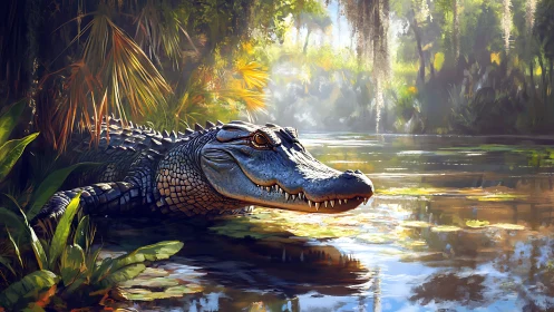 Alligator rests in golden swamp light, scales glowing bright.