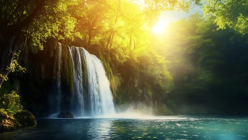 Sunlit forest waterfall with luminous mist and teal pool.