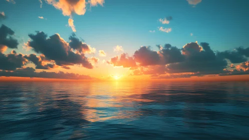 Sunset horizon over calm ocean with soft cloud cover.