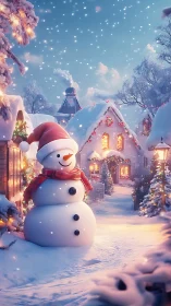 Snowman stands in glowing Christmas village under snowfall