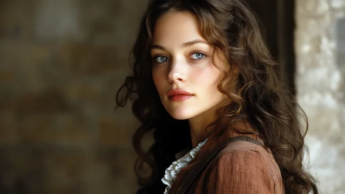 Young woman with curly hair near textured interior wall.