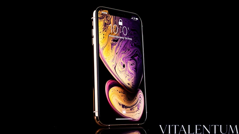 High-contrast smartphone product shot on black gloss stage.