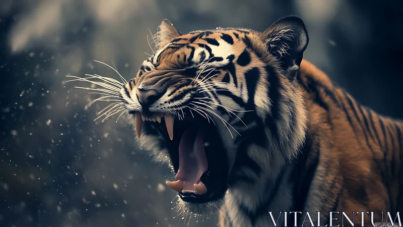 Tiger opens jaws wide in side profile under shallow focus