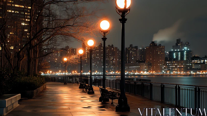 Photorealistic riverside promenade with illuminated lamp row.