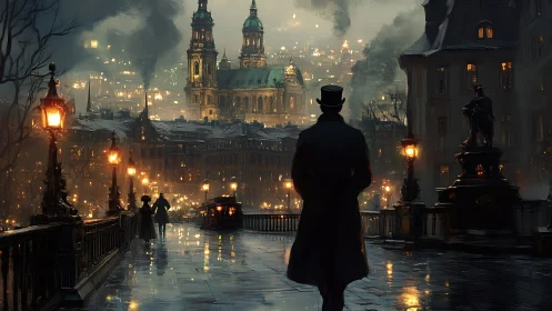 Victorian gentleman crossing rainlit bridge toward glowing city.