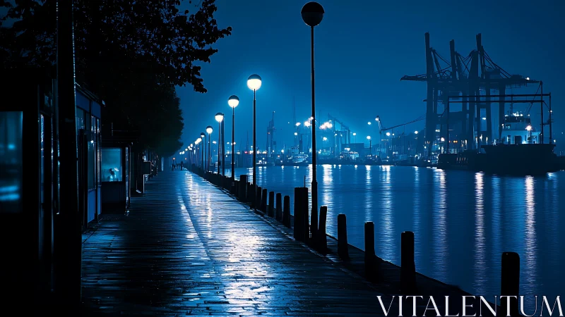 Quiet blue harbor walkway glowing with gentle night lights.