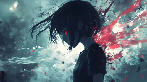 Brooding anime girl with crimson aura in stormy haze.
