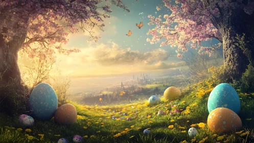 Fantasy spring valley with monumental pastel Easter eggscape.