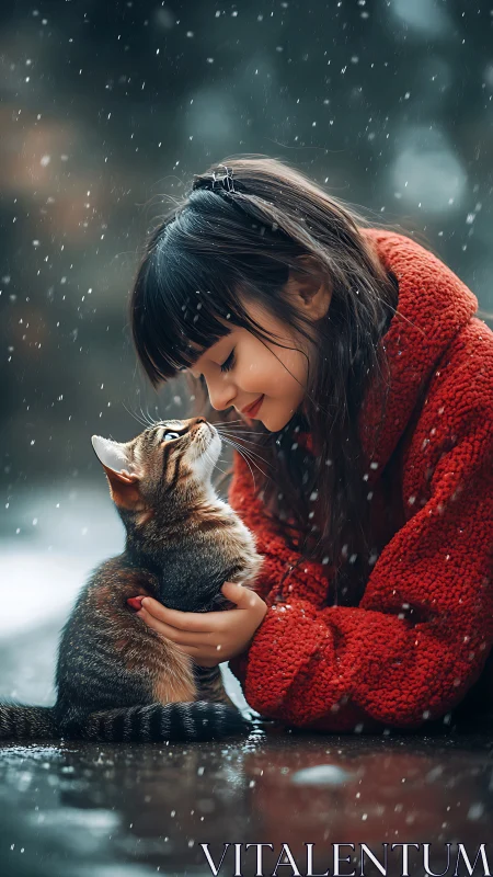 Winter's Tender Moment: Girl Caresses Kitten Through Snowfall.