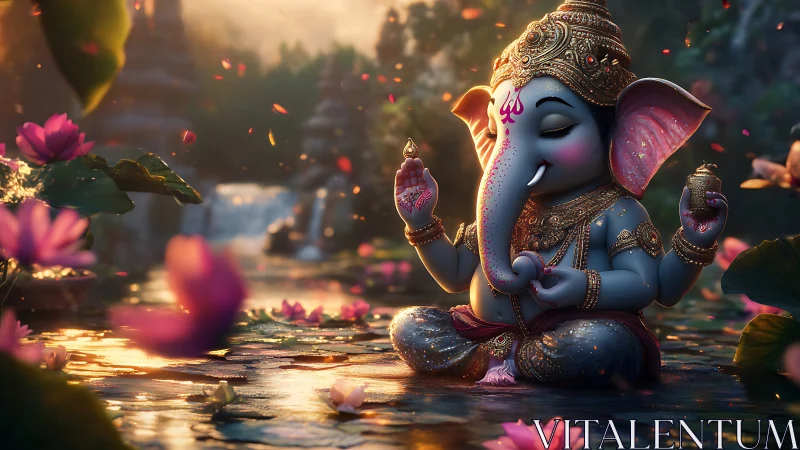 Lotus-lit Ganesha dreaming in a soft sunrise riverland.
