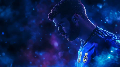 Neon-lit football portrait in cosmic blue vapor glow.