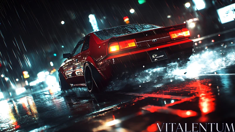 Red Toyota sports car on wet neon city street at night.