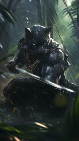 Armored panther warrior crouches in rain-soaked jungle.