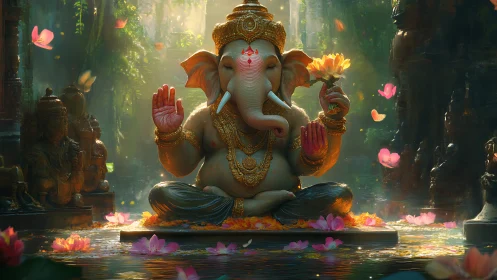 Elephant-headed deity statue sits in lotus pond among petals