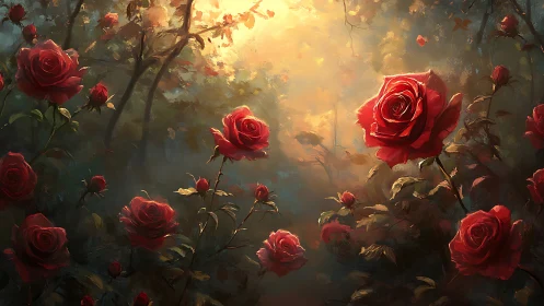 Vibrant Red Roses in Golden Forest Light