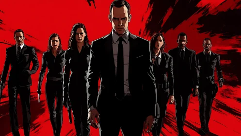 Armed suited agents stride forward against red explosive backdrop