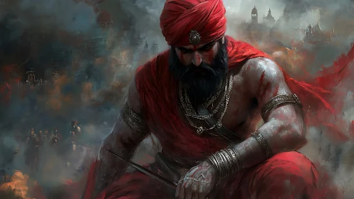 Warrior in red garments amid smoky battlefield setting.
