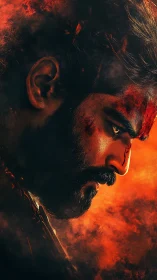 Fierce warrior portrait against blazing inferno backdrop.