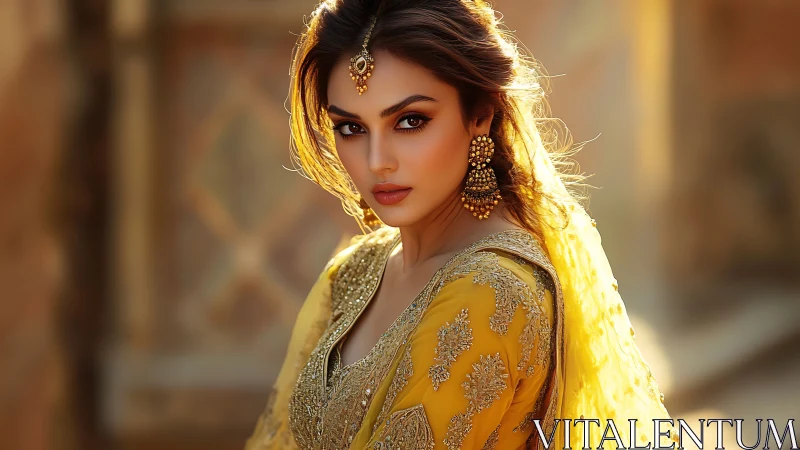 Golden gaze in embroidered dawnlight, poised in quiet fire.