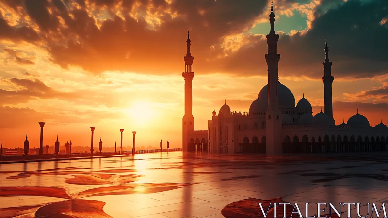 Sunset paints the mosque domes in molten amber reflections