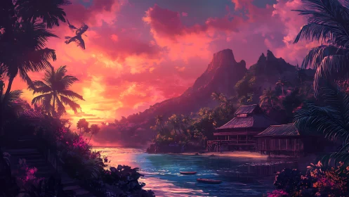 Tropical Sunset Over Island Lagoon With Dramatic Sky