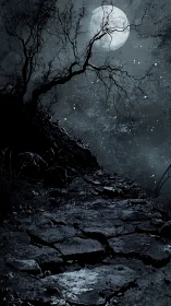 Full moon illuminates cracked stone path beneath bare tree