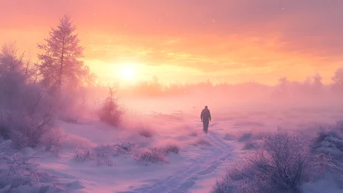 Solitary figure crossing pastel winter sunrise field.