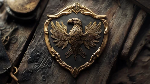 Golden heraldic eagle crest on aged wooden tabletop.