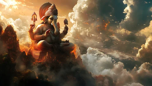 Elephant-headed deity statue is rendered above clouded mountains