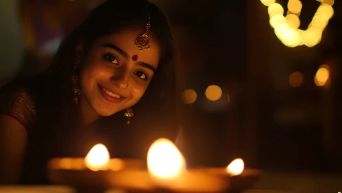 Young woman celebrating Diwali with oil lamps, warm festive glow.