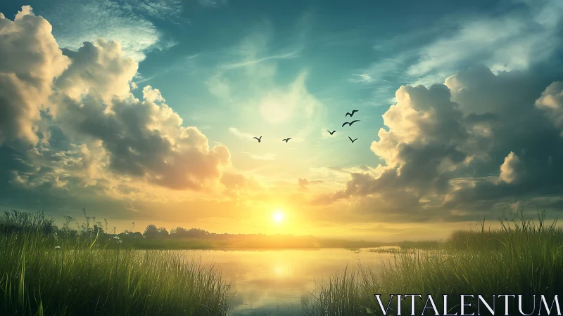 Digital painting sunset over tranquil marshland horizon.