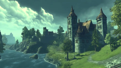 Medieval riverside fortress under storm-lit teal skies.