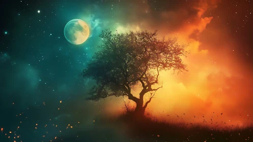 Solitary tree stands between moonlit sky and fiery clouds