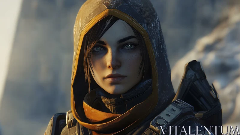 Hooded sci-fi sentinel rendered in high-detail digital portrait