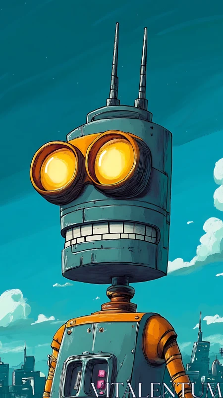 Tall retro robot with oversized glowing optics surveys skyline