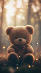 Soft-focus teddy bear portrait in glowing forest bokeh field.