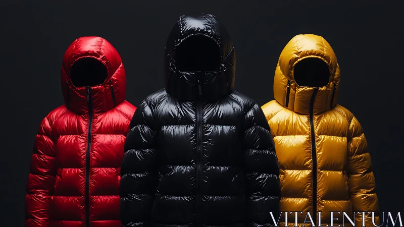 Three Puffy Winter Jackets with Metallic Finishes Displayed Against Dark Backdrop