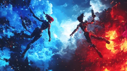 Dual warriors suspended between blue clouds and fiery void.
