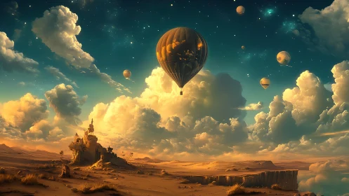 Hot air balloons drift above desert cliffs and ruins