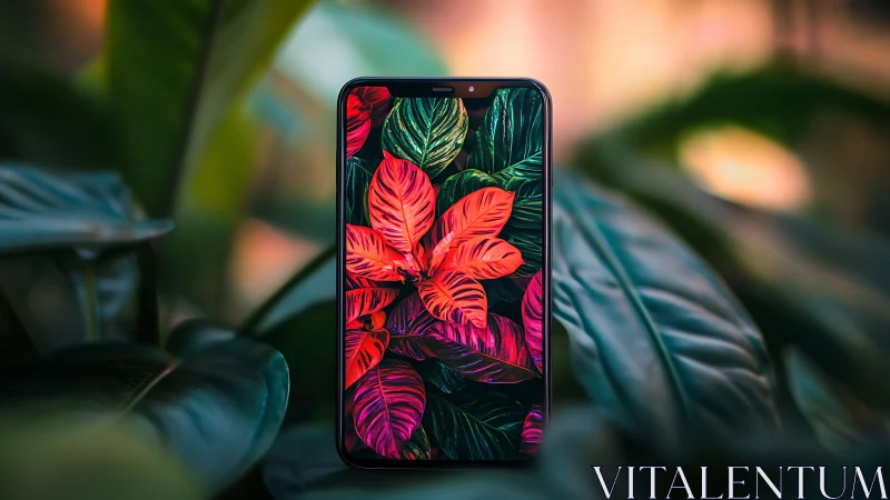 Smartphone display merges with high-saturation tropical foliage scene