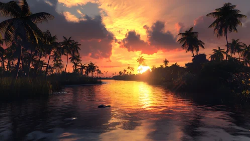 Tropical palms frame a radiant river sunset in vivid color.