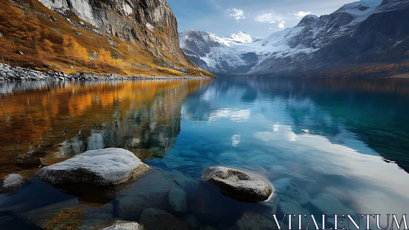 Tranquil mountain lake mirrors autumn slopes and snowy peaks