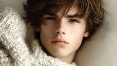 Soft gaze rests in a cozy knit sweater and gentle light